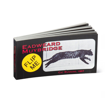 Book titled 'Eadweard Muybridge' with a cat illustration and 'Flip Me' button on a white background. Academy Museum Los Angeles.